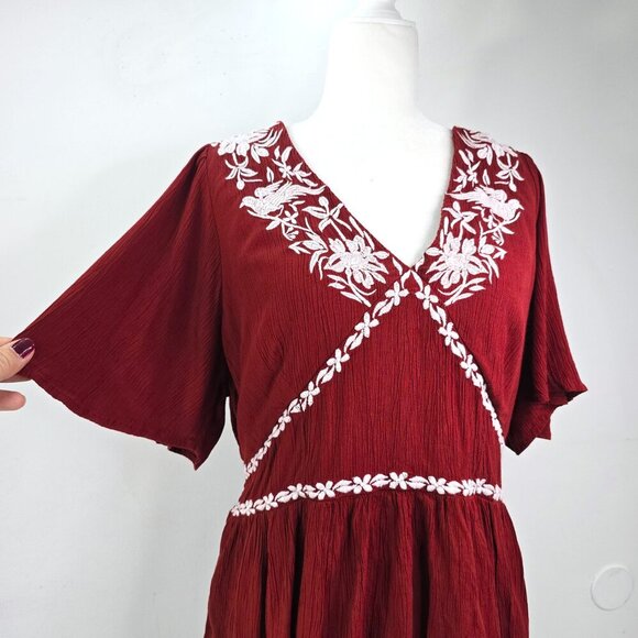 Vintage Knox Red Wine Red White Floral Embroidered V NEck Boho Peplum Top - Picture 4 of 8